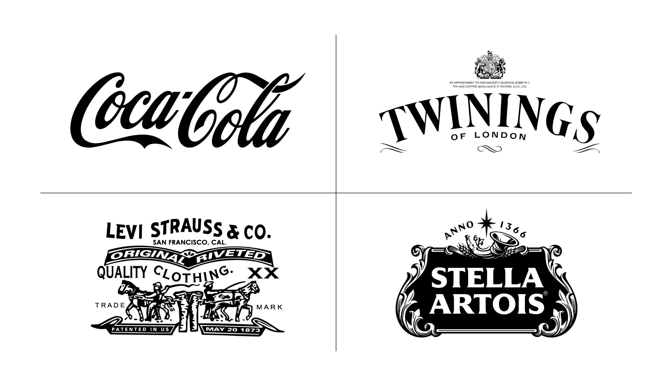 Logos for Coca Cola, Twinings, Levi's, and Stella Artois