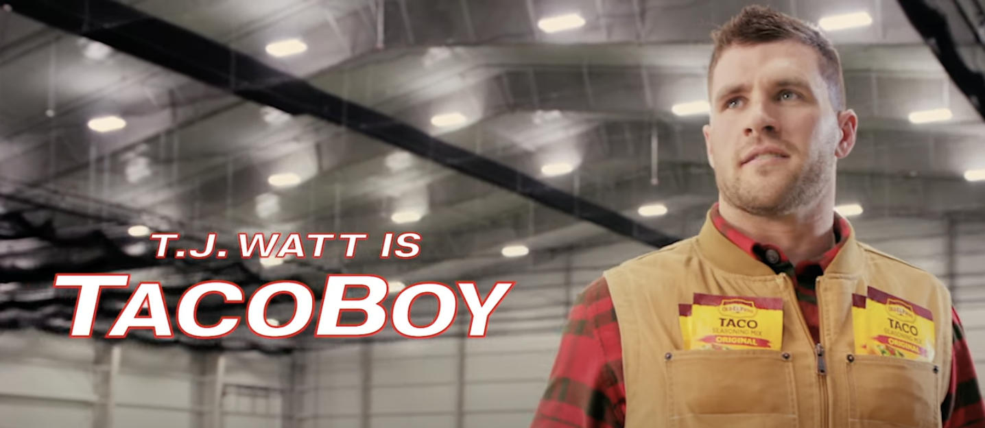 TJ Watt wearing a jacket full of taco seasonings and the words "TJ Watt is TacoBoy"