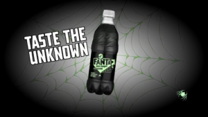 A black colored Fanta soda flavor with the words "Taste the Unknown"