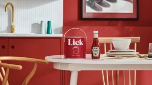 Heinz's partnership with Lick; the brand's iconic red ketchup color appears on an interior wall