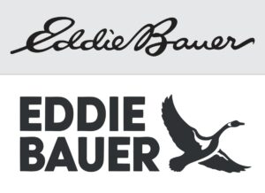 Eddie Bauer logo in script, and the newest Eddie Bauer logo in a sans serif font with a bird