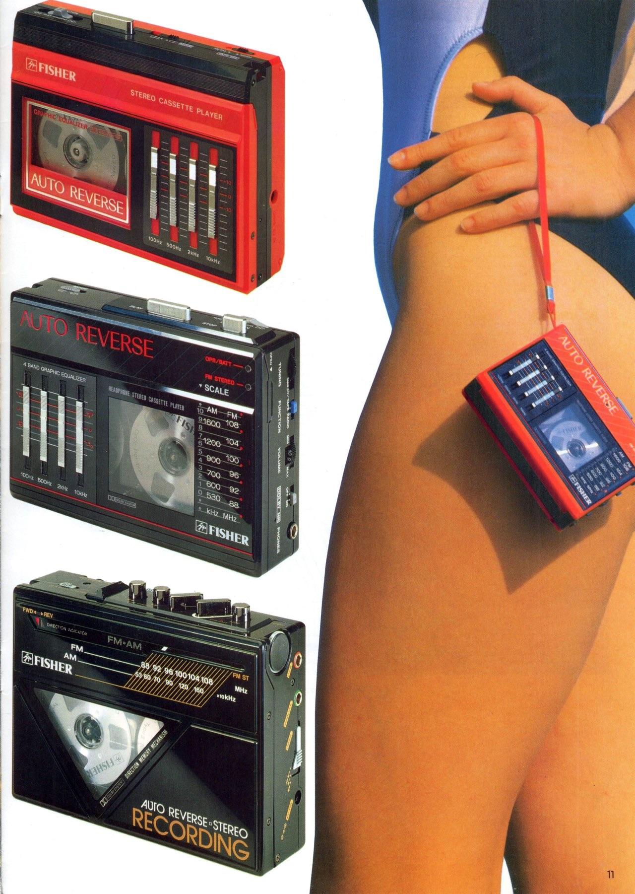 A woman appears from the waist down in a swimsuit holding a walkman