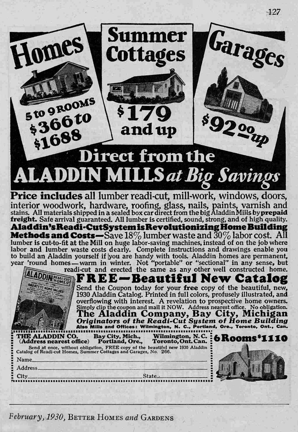 Homes Summer Cottages Garages 5 to 9ROOMS $366t $179 and up $1688 $9209up Direct from the ALADDIN MILLS at Big Savings