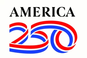 "America 250" stylized with a red, white, and blue ribbon