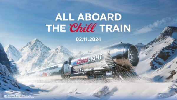 A beer can shaped train races through an arctic terrain. "All Abourd the Chill Train"