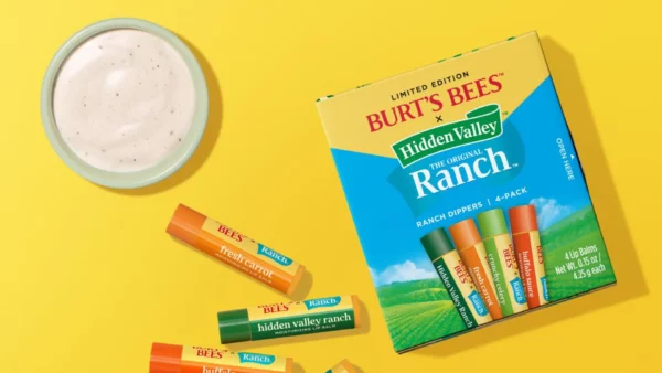 A collection of chapsticks by Burt's Bees with Hidden Valley Ranch branding