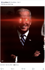 A screenshot of BIden's tweet "Just like we drew it up." A portrait of the president with glowing red eyes.