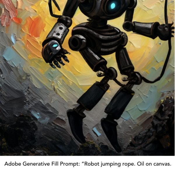 Adobe Generative Fill Prompt: Robot jumping rope. Oil on canvas.