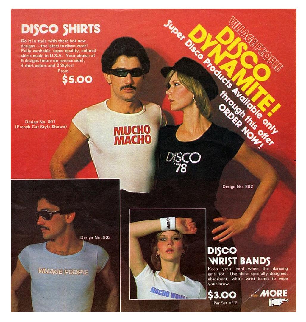Two people wearing tight t-shirts that say "Mucho Macho" and "Disco '78"