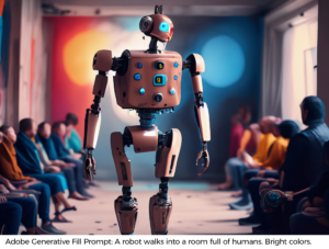 Generative AI Prompt: A robot walks into a room full of humans. Bright colors.