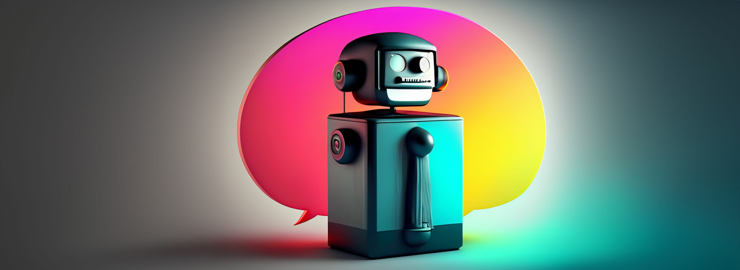 A robot with a speech bubble behind it.