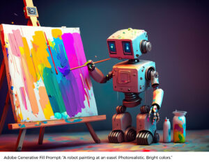 A robot paints on a colorful easel