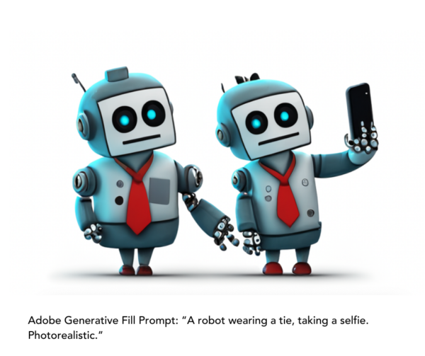 Generative Fill Prompt: A robot wearing a tie, taking a selfie. Photorealistic.