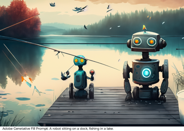 Adobe Generative Fill Prompt: A robot sitting on a dock, fishing in a lake.