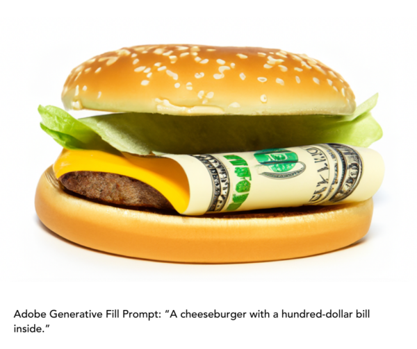 AI Prompt: A cheeseburger with a hundred-dollar bill inside.