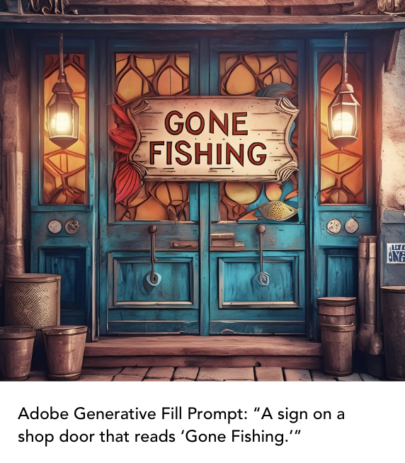 AI Generative Fill Prompt: A shop door with a sign that reads Gone Fishing.