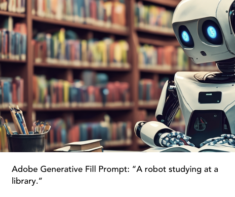 Adobe Generative Fill Prompt: A robot studying at a library.