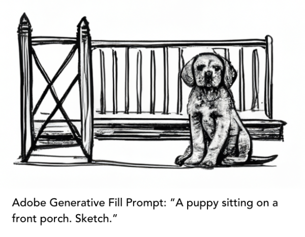 Generative Adobe Fill Prompt: A puppy sitting on a front porch. Sketch.