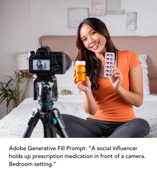 Adobe Generative Fill Prompt: “A social influencer holds up prescription medication in front of a camera. Bedroom setting.”
