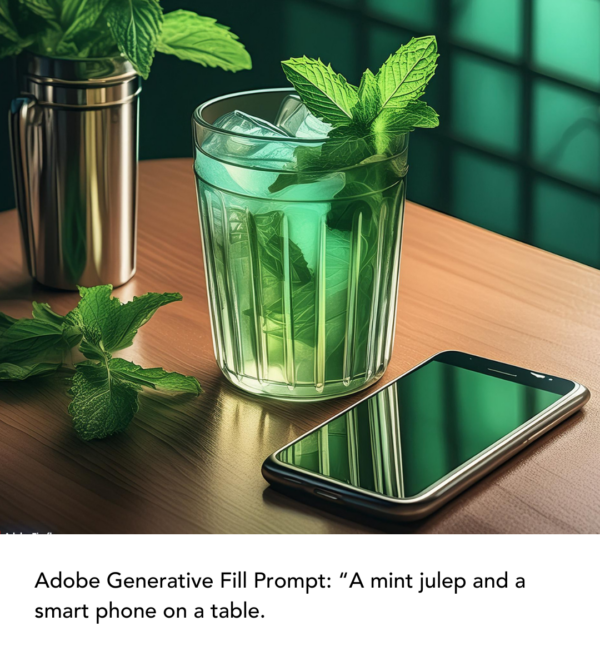AI Prompt: A mint julep and a smart phone on a table.