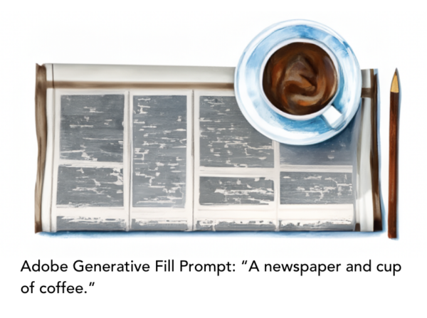 Adobe Generative Fill Prompt: “A newspaper and cup of coffee.”