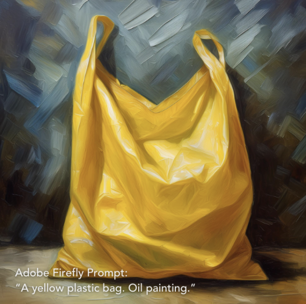 Adobe Generative Fill Prompt: “A yellow plastic bag. Oil painting.”