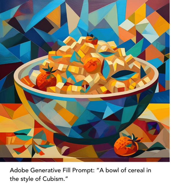 Adobe Generative Fill Prompt: “A bowl of cereal in the style of Cubism.”